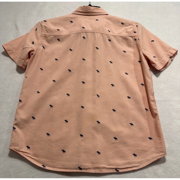 Abercrombie Kids Pink Cotton Button Up Short Sleeve W/Moose Shirt Size 13/14 - Picture 2 of 6